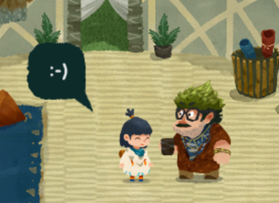 Carto, a young girl in white with chin-length dark hair, smiles at a man in glasses. There is a smile emoji :-) representing a smiling face turned sideways in her speech bubble.